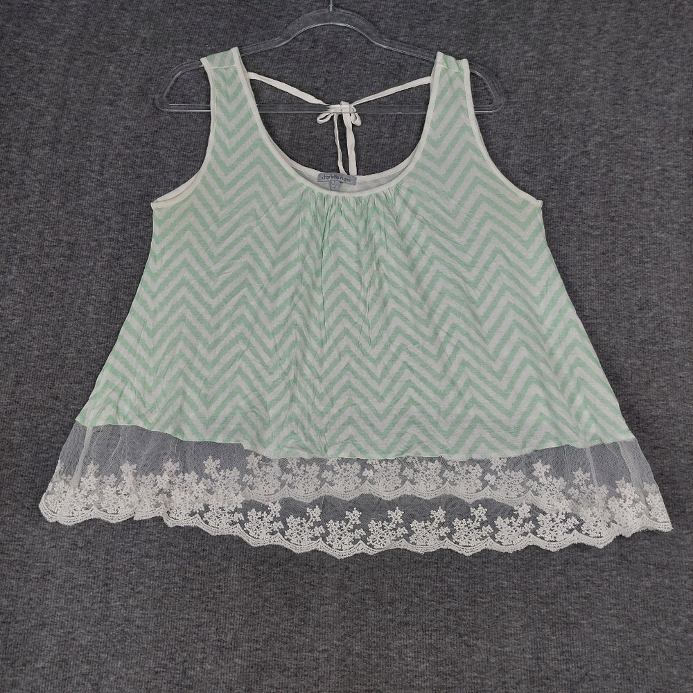 CHARLOTTE RUSSE WOMENS Y2K MINT WHITE CHEVRON LACE TRIM TIE NECK TANK TOP SIZE L
